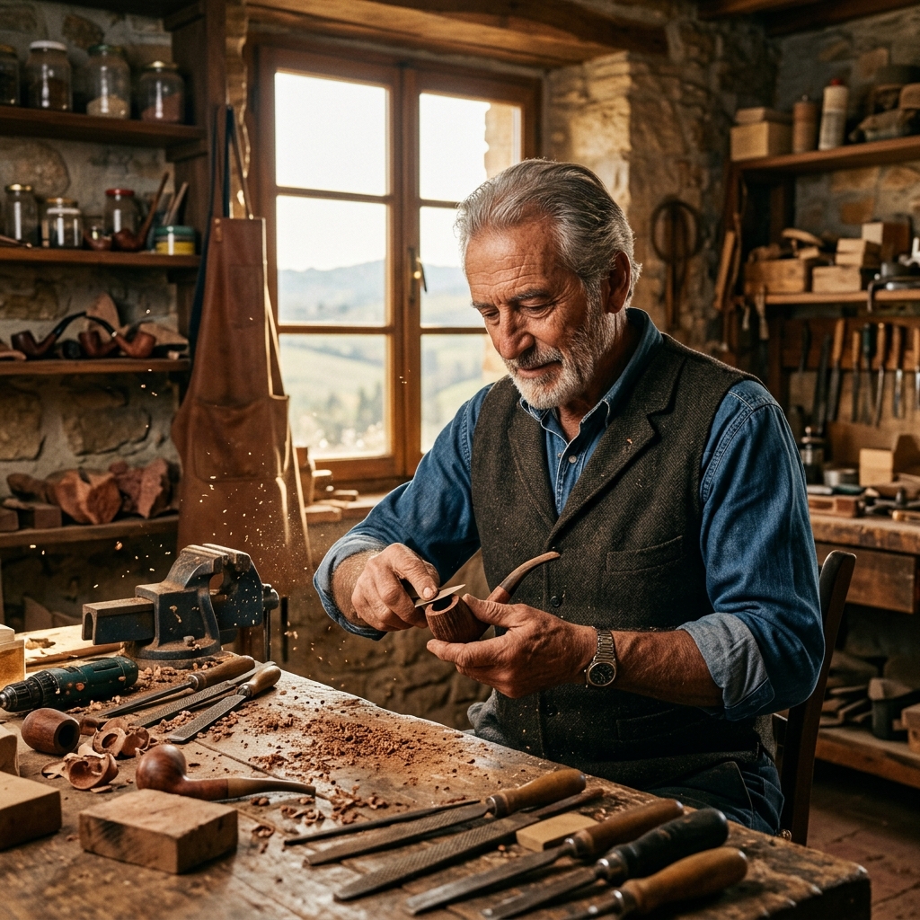 Master artisan carving a briar pipe in Tuscany